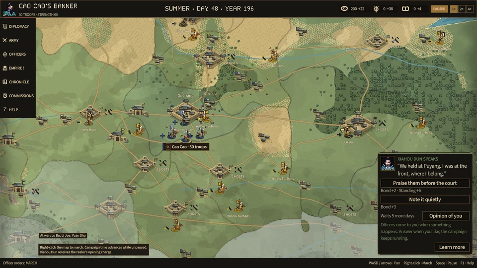 Campaign map with settlements, marching armies and an officer's request