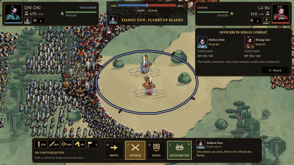 Two officers fighting inside a ring formed by the surrounding ranks