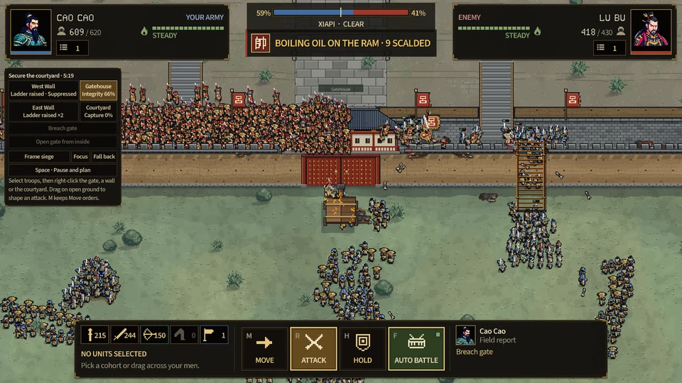 Soldiers attacking a fortress while defenders pour oil onto the ram